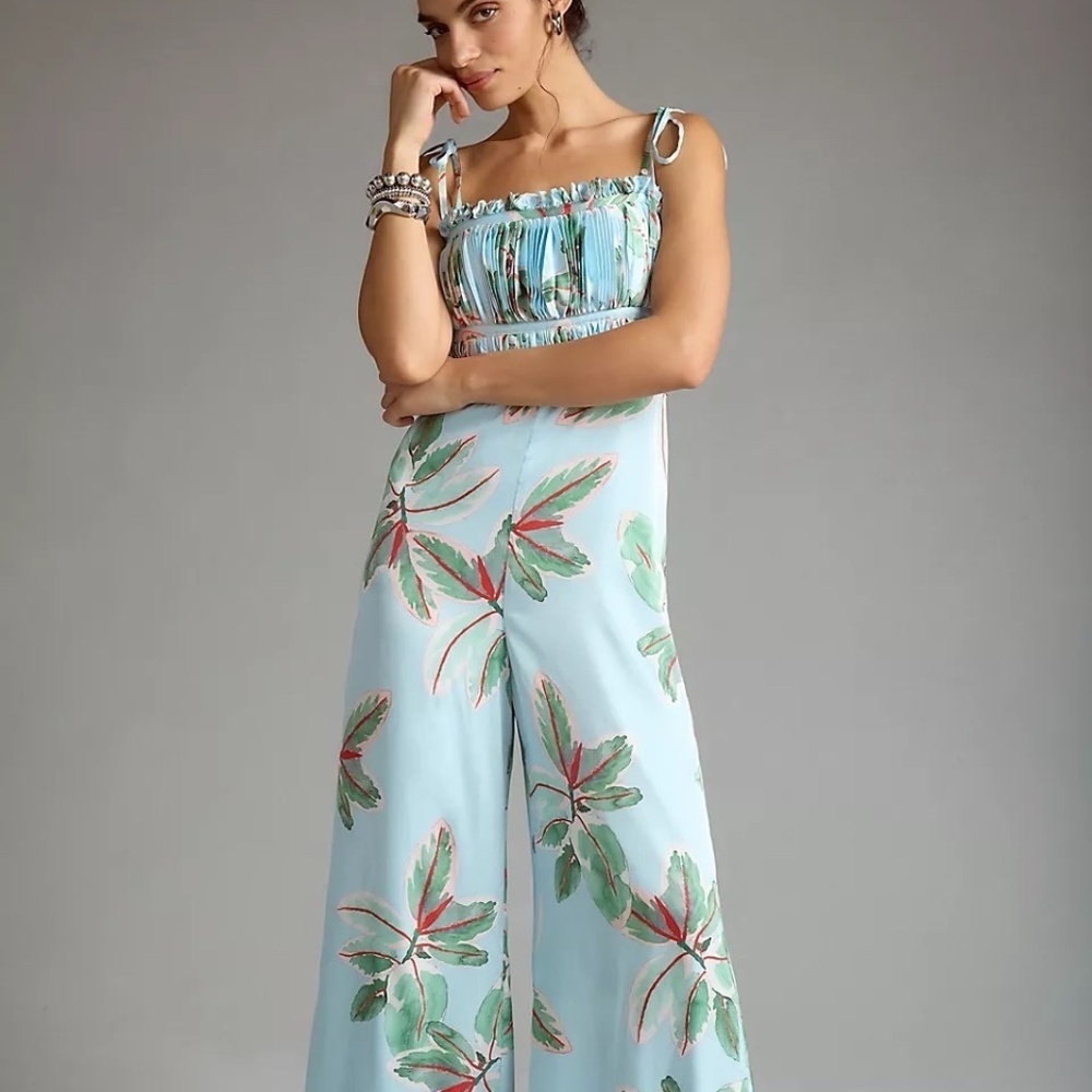 NWT Anthropologie  Hutch Ruched Blue Floral Jumpsuit 10 - Picture 2 of 8